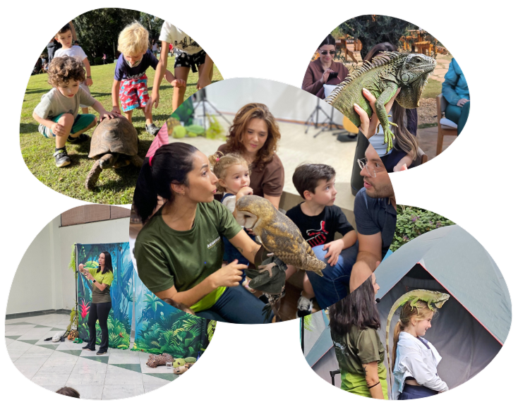 Crianças interagindo com animais nas apresentações do Bicho Educa